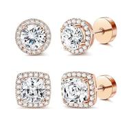 Habselikob 2 Pares Pendientes para Mujer Hombre Unisex Circonita Cúbica Pendiente Tachuelas Hipoalergénicos Pendientes Plata/Oro/Oro Rosa/Negro