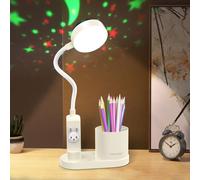 Hacevida Lámpara de Escritorio LED, Flexo Infantil Niña 2000mAh Batería Recargable para Estudiar, Lámpara Escritorio Infantil USB 3 Niveles de Brillo, con Proyector de Estrellas y Portalápices