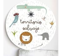 HACIENDO EL INDIO Cuadro Redondo Infantil de Jungla, Decoración para Habitación de Niños, Diseño con Animales Salvajes y Mensaje Territorio Salvaje