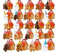 Haconba 72 piezas de regalos de fiesta de perro de peluche con 24 mini juguetes de peluche de perro de peluche, 24 sombreros de cumpleaños y 24 casas de perro de cartón rojo para adoptar fiesta de