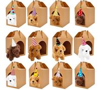 Haconba Juego de 12 recuerdos de fiesta de perro de peluche con 12 mini animales de peluche de peluche, 12 sombreros de cumpleaños y 12 cajas de papel kraft para adoptar una mascota suministros de