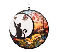 HACRAHO Vitral Colgante para Ventana, 1 Paquete de atrapasueños de Gato Negro en la Luna, decoración de vidrieras, Regalos conmemorativos de Gatos