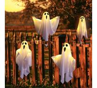 HADAVAKA 4PCS Hanging Ghost Decorations, Cute & Spooky Halloween Light Up Ghost, Adjustable Arms, with Led Lights, Halloween Outdoor Spooky Decorations for Yard Tree Lawn Garden Party (White)