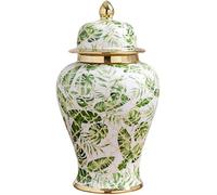 HADECOLL Jarrón de cerámica Moderno con Forma de Jengibre y Planta Verde, jarrón de Porcelana con Tapa, Tarro Decorativo de Estilo Chino con patrón de Hojas Verdes de,Onecolor-48cm
