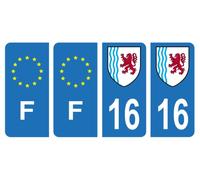 HADEXIA Lote de 4 pegatinas para placa de matrícula departamental 16 Charente Región Nueva Aquitaine & F France Europe Europe