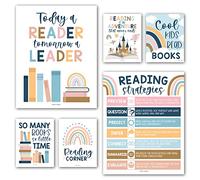 Hadley Designs 6 pósteres de lectura bohemios para decoración de biblioteca de aula para escuela, juegos de tablones de anuncios de lectura para aulas, decoración de esquina de lectura para aula,