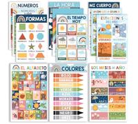 Hadley Designs Decoraciones de aula española: 12 pósteres españoles para el aula primaria, Abecedario para niños en español, pósteres educativos bilingües laminados bohemios de 11 x 17 pulgadas