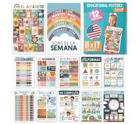 Hadley Designs Decoraciones de aula española: 12 pósteres españoles para el aula primaria, Abecedario para niños en español, pósteres educativos bilingües laminados bohemios de 11 x 17 pulgadas
