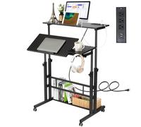 Hadulcet Escritorio móvil de pie con estación de carga, escritorio de pie para laptop, estación de trabajo móvil para oficina en casa, aula, con ruedas, 31.5 x 23.6 pulgadas, color negro