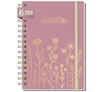Häfft® Calendario internacional 2026 A5 "Fine Flowers rosé" con encuadernación espiral en: EN/FR/IT/ES - organizador, planificador de vida - sostenible y respetuoso con el clima