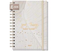 Häfft® Calendario internacional 2026 A5 "Sparkling Leaf" con encuadernación espiral en: EN/FR/IT/ES - organizador, planificador de vida - sostenible y respetuoso del clima