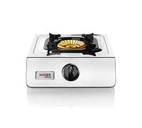 HAEGER SAFINE - Cocina a Gas con tecnología patentada, Encendido automático PIEZO, Doble Quemador en Bronce con 110mm, Cuerpo en INOX, pies Anti-deslizantes y Base para sartenes Grandes.