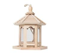 Haengendes Vogelhaus Holz - Sechseckiges Schraeges Dachdesign, Robuste PP Materialien, Wetterfester Regenschutz | Natuerlicher Futterspender Fuer Eine Ganzjaehrige Fuetterung Im Freien