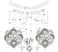HAFRILY Juego de 26 piezas de decoraciones de recién casados, pancarta plateada con purpurina brillante, globos de boda para pancartas de boda y decoraciones, suministros de fiesta plateados