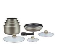 HAGEN, Batería de cocina con recubrimiento de piedra, Mango desmontable, 10 piezas, Carbón, Recubrimiento antiadherente, Todos los quemadores, inducción incluida, HA04616