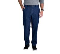 Haggar Men's Stretch Denim Expandable Waist Classic Fit Flat Front Pant, Medium Blue, 42Wx30L