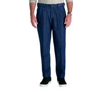 Haggar Men's Stretch Denim Expandable Waist Classic Fit Pleat Front Pant, Medium Blue, 38Wx30L