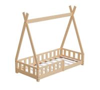 HAGO 24 | Cama infantil | 160 x 80 cm natural | estructura de cama Tipi | Casa de madera | aspecto de tienda | protección contra caídas | somier de listones | madera de pino | Montessori | Cama de