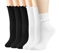 HAGOT 6 Pares Calcetines con Volantes, Mujer Calcetine de Algodón, Suaves y Transpirables, Plisados Tobilleros, Color Sólido