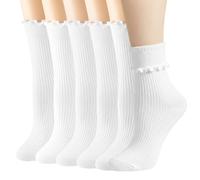 HAGOT 6 Pares Calcetines con Volantes, Mujer Calcetine de Algodón, Suaves y Transpirables, Plisados Tobilleros, Color Sólido