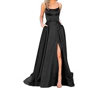 HAHAEMMA Mujer Elegante vestidos de fiesta largos con bolsillos Satén Vestido novia Vestidos de noche Sexy Halter Spaghetti Vestido de novia Vestidos largos de princesa Dama de honor, Negro , XS