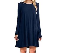 HAHAEMMA Vestido básico elegante de moda para mujer, hasta la rodilla, manga larga, swing, camiseta casual, corte holgado, color sólido, azul oscuro, 3XL