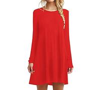 HAHAEMMA Vestido básico elegante de moda para mujer, hasta la rodilla, manga larga, swing, camiseta casual, corte holgado, color sólido, rojo, XXL