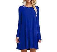 HAHAEMMA Vestido básico elegante de moda para mujer, hasta la rodilla, manga larga, swing, camiseta casual, corte holgado, color sólido, azul marino, XXL