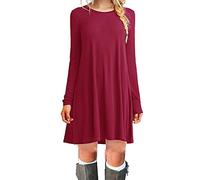 HAHAEMMA Vestido básico elegante de moda para mujer, largo hasta la rodilla, manga larga, swing, camiseta casual, corte holgado, color sólido, rojo rosado, XL