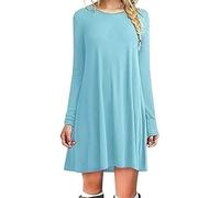 HAHAEMMA Vestido básico elegante de moda para mujer, largo hasta la rodilla, manga larga, swing, camiseta casual, corte holgado, vestido de color sólido, azul claro, XXL