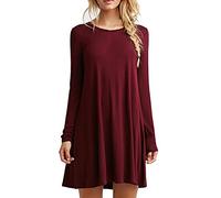 HAHAEMMA Vestido básico elegante de moda para mujer, largo hasta la rodilla, manga larga, swing, camiseta casual, corte holgado, vestido de color sólido, borgoña, M