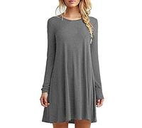 HAHAEMMA Vestido básico elegante de moda para mujer, largo hasta la rodilla, manga larga, swing, camiseta casual, corte holgado, color sólido, gris, XL