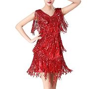 HAHAEMMA Vestido de baile para mujer con borlas 1920s con lentejuelas Rumba Dancewear Tango Latino Vestido de fiesta con purpurina para cóctel, vestido de noche Ballroon Performance, rojo, XL
