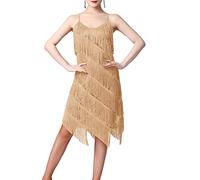 HAHAEMMA Vestido de mujer de los años 20, con flecos, con cuello halter, gran Gatsby, cóctel, fiesta, disfraz, flapper, carnaval, Lentejuelas doradas, S