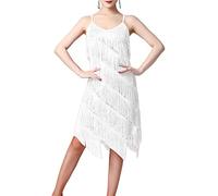 HAHAEMMA Vestido de mujer de los años 20, con flecos, con cuello halter, gran Gatsby, cóctel, fiesta, disfraz, flapper, carnaval, Lentejuelas blancas, M-36/38/40