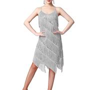 HAHAEMMA Vestido de mujer de los años 20, con flecos, con cuello halter, gran Gatsby, cóctel, fiesta, disfraz, flapper, carnaval, Lentejuelas Gris, L