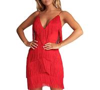 HAHAEMMA Vestido de mujer de los años 20, con flecos, con cuello halter, gran Gatsby, cóctel, fiesta, disfraz, flapper, carnaval, V-rojo., L