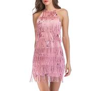 HAHAEMMA Vestido de mujer de los años 20, con flecos, con cuello halter, gran Gatsby, cóctel, fiesta, disfraz, flapper, carnaval, Rosa., S