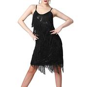 HAHAEMMA Vestido de mujer de los años 20, con flecos, con cuello halter, gran Gatsby, cóctel, fiesta, disfraz, flapper, carnaval, Lentejuelas negras, XXL