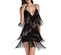 HAHAEMMA Vestido de mujer de los años 20, con flecos, con cuello halter, gran Gatsby, cóctel, fiesta, disfraz, flapper, carnaval, Punta negra., M