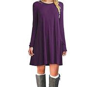 HAHAEMMA Vestido de mujer fashion elegante básico hasta la rodilla, manga larga, swing, camiseta casual, corte holgado, vestido de color sólido, morado, XL