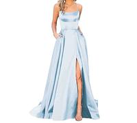 HAHAEMMA Vestidos largos elegantes con bolsillos para mujer, vestido de novia de satén con espalda abierta, vestidos de noche, vestido de novia sexy con cuello halter y tirantes, vestido largo de