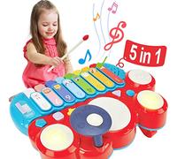 hahaland 5 en 1 Piano Juguetes Niños 18 Meses - Musical Juguetes con Luces y Sonidos, Tambor Platillo Piano y Xilófono Set Montessori Juguete Educativo Temprano para Niños 2 3 años