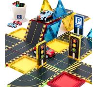 hahaland Construcciones Magneticas Niños - Bloques Magneticos Construccion Niños 38 Piezas, Caminos de Ciudad con 2 Coches Juguetes Niño 3 4 5 6 7 8 años