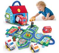 hahaland Juguetes Niños 1 año - Peluche Montessori con 4 Coches de Peluche, casita Plegable - Juguete Educativo Bebes 6-12 Meses Regalo Bebe 1 año