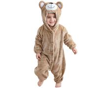HAHASHOW Mono Bebe Invierno,Franela Pijama Entero Niño 30-36 Meses,Sin Pies,Adorable Buzo Bebe Invierno con Osito Caqui