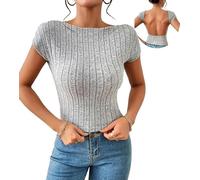 Haibang Camiseta Sexy Mujeres sin Espalda Manga Corta Tops Mujer Verano Y2K Slim Fit Camiseta Crop Top Color Sólido Ajustado Backless Blusa Casual Moda Streetwear