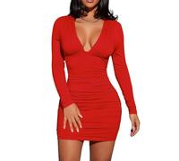 Haibang Vestidos de Fiesta Mujer Elegantes Manga Larga Vestido Corto con Cuello en V Profundo Sexy Mini Vestido Plisado Bodycon Wrap Vestido de Cóctel Noche Fiesta Club Casuales Otoño Invierno
