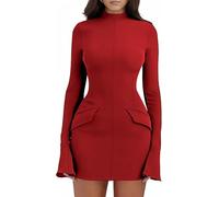 Haibang Vestidos de Fiesta Mujer Elegantes Manga Larga Vestido Corto con Cuello Tortuga Sexy Mini Vestido Ajustado Bodycon Dress para Fiesta Cóctel Noche Club Casuales Otoño Invierno