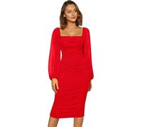 Haibang Vestidos de Fiesta Mujer Elegantes Manga Larga Vestido Largo de Malla con Cuello Cuadrado Vestido Sexy Ajustado Bodycon Ruched Midi Vestido para Fiesta Cóctel Noche Club Ceremonia